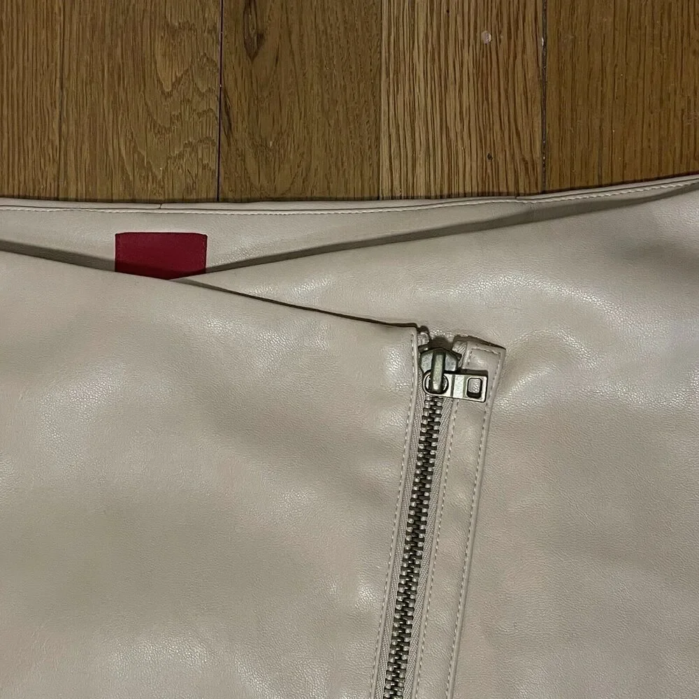GILI Faux Leather Motorcycle Skirt 24 p QVC BUTTERY SOFT Beige Zipper Close Wrap